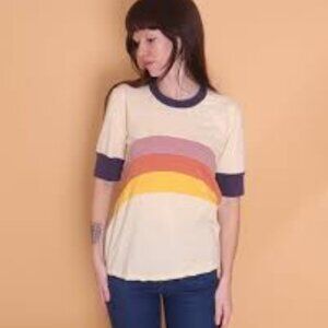 TWO CAMP COLLECTION OVER THE RAINBOW TEEs - NAVY RETRO STRIPE and MAROON TRIM